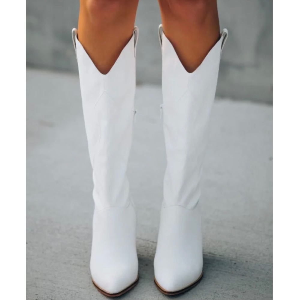 White Knee High Embroidered Cowboy Boots - Picture 2 of 11